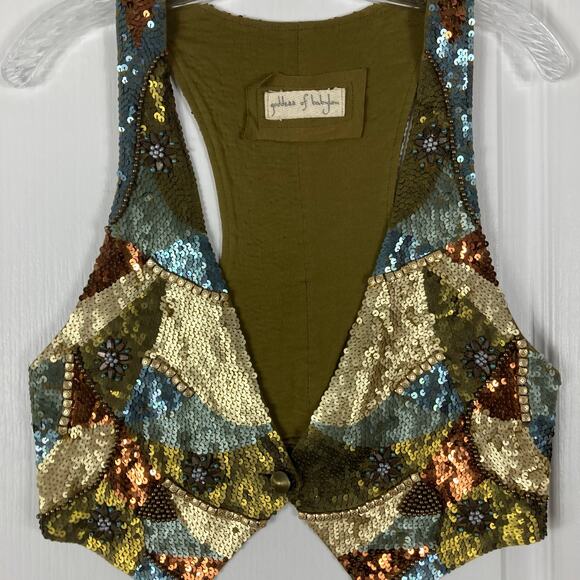 GODDESS OF BABYLON Vest Top S/M Sequins Beaded Gold Button Lined Rayon - Picture 8 of 12